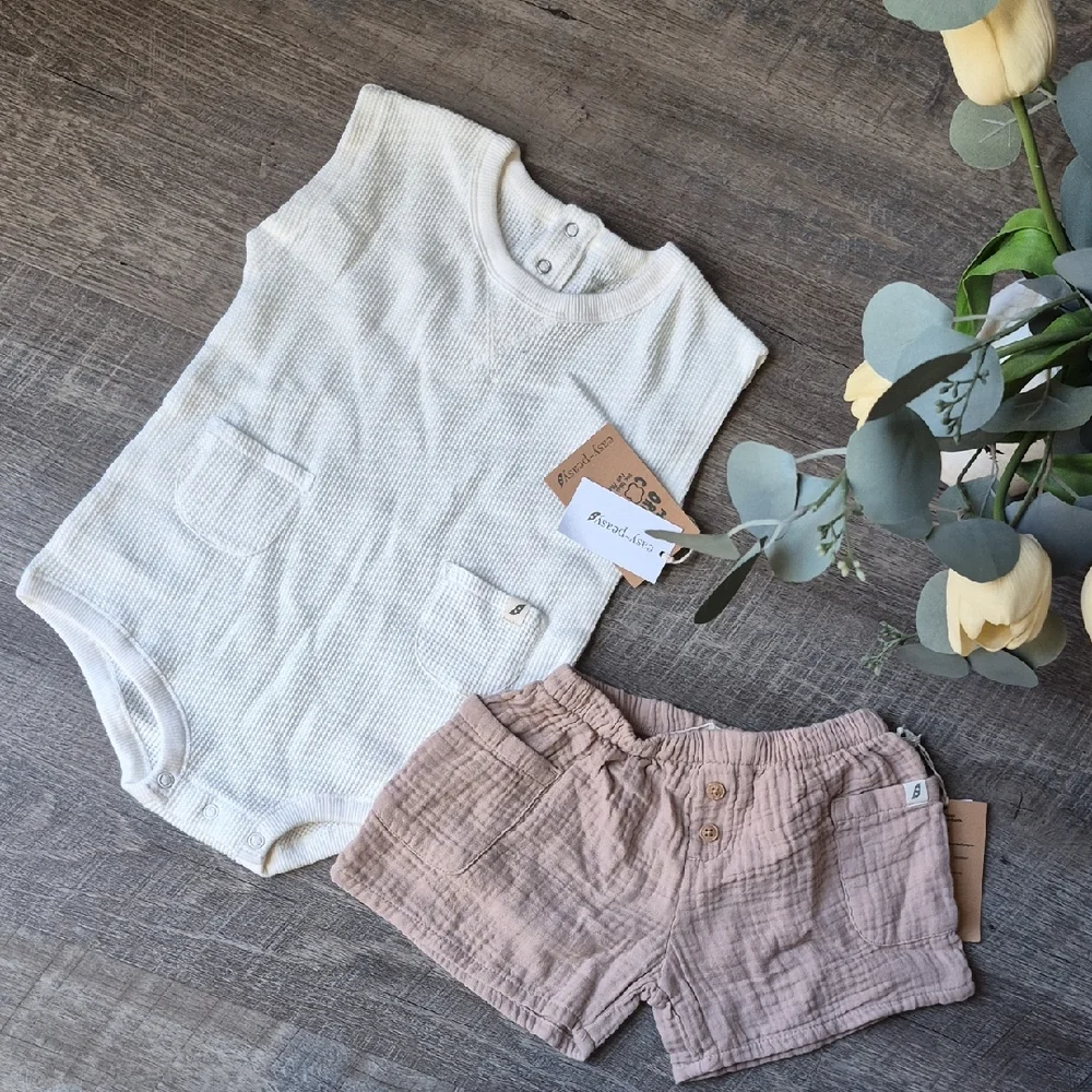 White Sleeveless Baby Romper and Tan Shorts Set 24 Months
